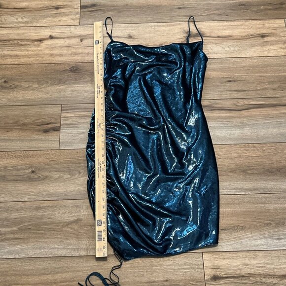 Cinq a Sept Shiny Astrid Mini Dress SZ 12 Teal Topaz Ruched Side Zip Adjustable - Picture 6 of 11